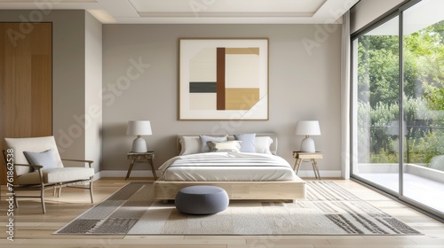 Contemporary Bedroom with Geometric Wall Decor