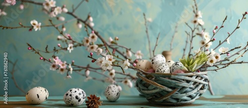 Easter-themed table arrangement featuring quail eggs on a bright backdrop.