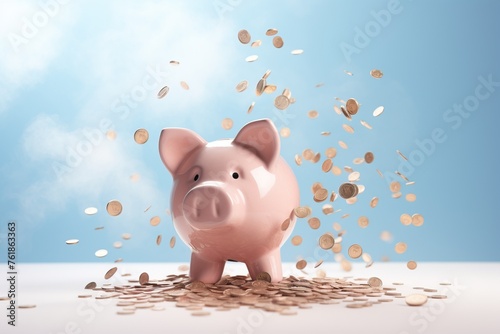 Piggy bank and a lot of coins. Money explosion