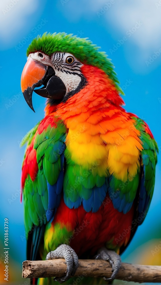 A colorful parrot with a green and red feather is sitting on a blue background. Generative AI