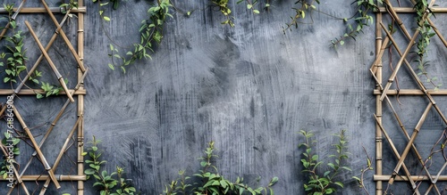 A natural landscape with a wall covered in ivy, forming a trellis. The green vines contrast beautifully with the wooden trunk, creating a lush and serene environment photo