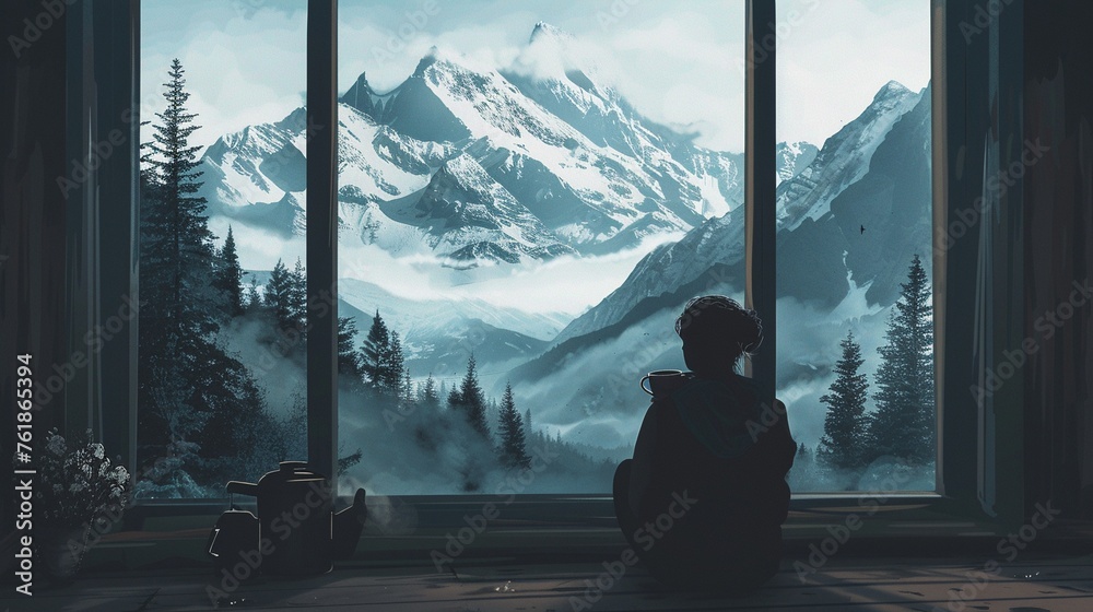 A cozy cabin retreat surrounded by snow-capped mountains a person seated by the window