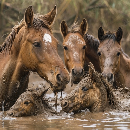 A family of river horses enjoying a communal mud bath © Thararat