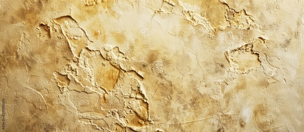 Fototapeta premium A detailed closeup of a stone wall with a marble texture, showcasing intricate patterns and beige hues. The artistic design resembles a natural outcrop, blending soil, grass, and wood elements