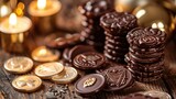 Chocolate coins and silver dreidel for Hanukkah celebration.
