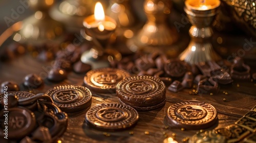 Chocolate coins and silver dreidel for Hanukkah celebration. © Emil