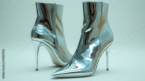 High-Shine Silver Zippered Boots With Elegant High Heels