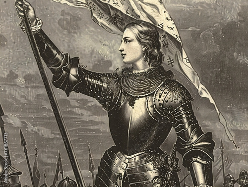 Joan of Arc, French heroine leading soldiers in battle, depicted in dynamic historical reenactment scene. photo