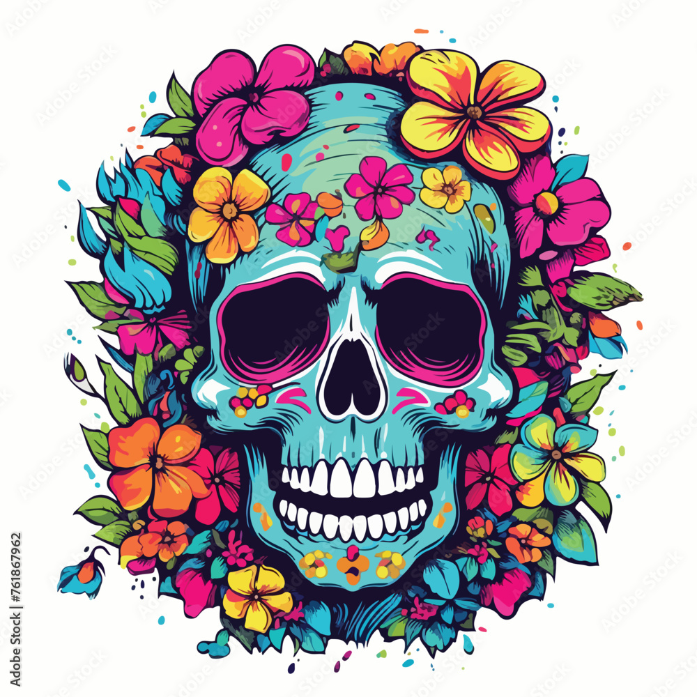 Psychedelic skull with flowers illustration for t-s