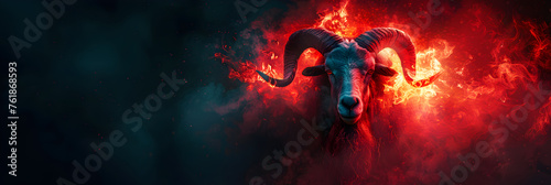  Goat with horns and red smoke on a dark backgrou,
Image of angry bighorn sheep face and flames on dark background Wildlife Animals Illustration  photo