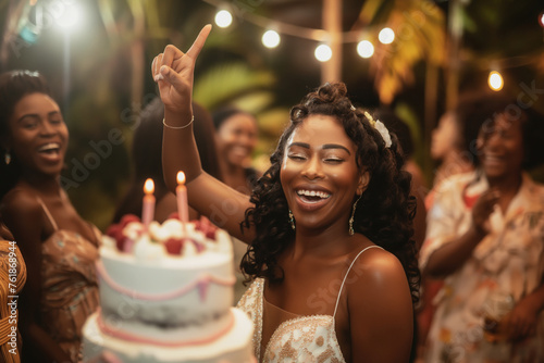 Euphoric Celebration Vibes: Black Woman in Sparkling Dress Enjoying Her Birthday Party with Friends photo