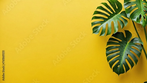 yellow wall background with monstera plant on the right side copy space