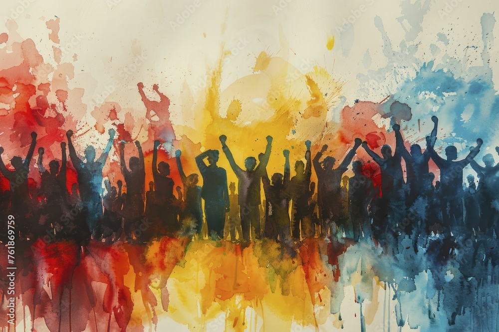 Social Justice Movements: Raised Fists and Crowds in Abstract Watercolor Blots - obrazy, fototapety, plakaty 