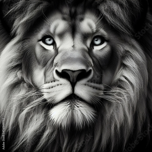 Magnificent Closeup Studio Black and White Portrait of a Strong Male African Lion King Panthera Leo Head with Mane with Calm Face and Blue Eyes. Horoscope Zodiac Symbol Sign. Majestic Wildlife Animals photo
