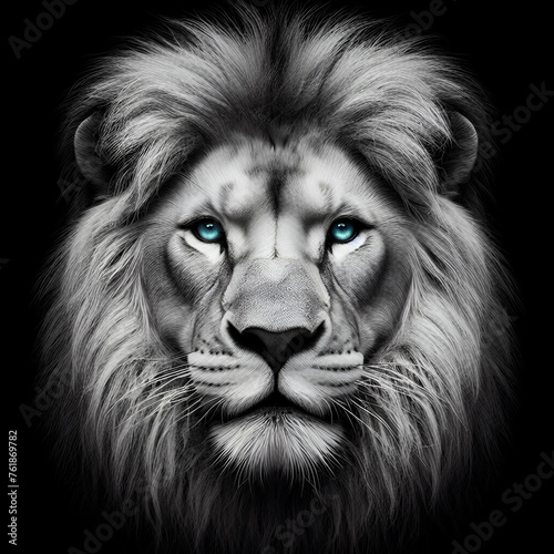 Magnificent Closeup Studio Black and White Portrait of a Strong Male African Lion King Panthera Leo Head with Mane with Calm Face and Blue Eyes. Horoscope Zodiac Symbol Sign. Majestic Wildlife Animals photo