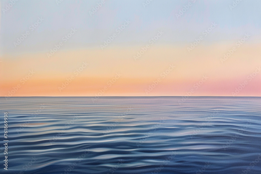 A minimalist seascape at dusk, where the horizon divides a smooth, steel gray ocean from a sky painted in gradients of lilac, peach, and soft yellow.