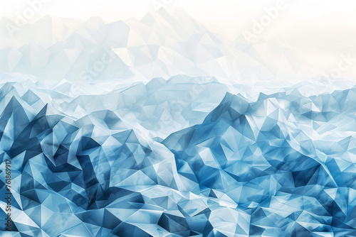 A minimalist polygonal art of a snowy mountain range  where each polygon is a shade of icy blue  creating a serene and cool background.
