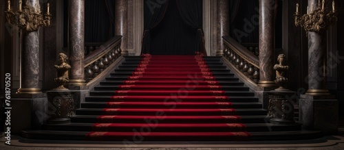 Black stone staircase with red carpet leading to closed decorated door in ancient building