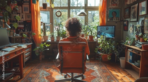 Capture the essence of modern work life with portraits showcasing individuals in their home office setups. Reflect the evolving trend of remote work in vivid imagery. 