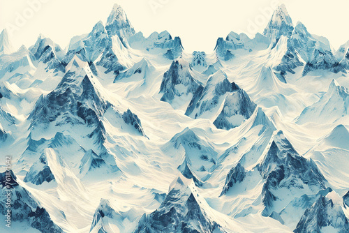 A repeating pattern of stylized, angular mountains in shades of cool slate and ice blue, with occasional peaks highlighted in white to mimic snowcaps, against a clear, pale sky background.
