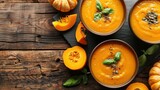 pumpkin and carrot soup (orange cream soup). Healthy food. Copy space. Diet menu. Top view