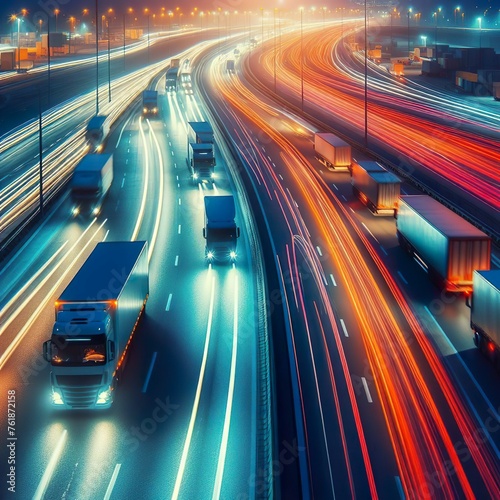 Trucks on highway in night time. Motion blur, light trails. Transportation, logistic. Time-lapse. Abstract soft glowing lines.