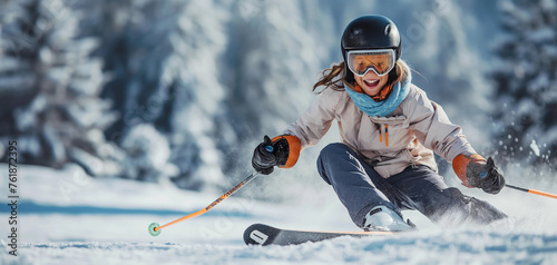 Young skier on the ski resort, lovely girl with long hair having fun in the snow, skiing and enjoying her vacation,  laughing as she speeds down the mountain slope, great sports outdoor activity photo