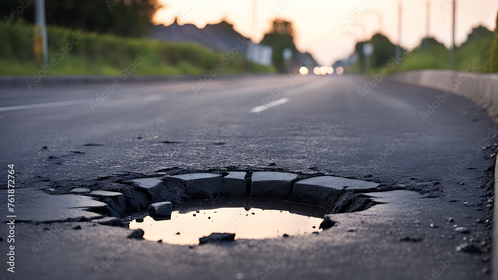 Broken asphalt road with potholes and cracks on the surface.