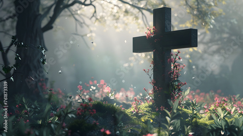 empty cross with trees and flowers