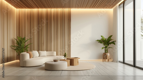Modern living room interior decorate wall with wood pattern and white wall