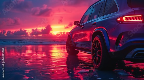 Blue luxury SUV car parked on concrete road by sea beach with beautiful red sunset sky. Summer vacation at tropical beach. Road trip. Front view sports and modern design SUV car. Summer travel by car