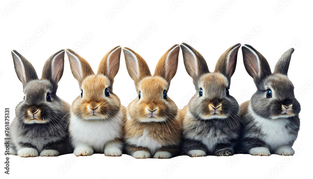 Fototapeta premium Five cute baby bunny rabbits posing in a row clear background