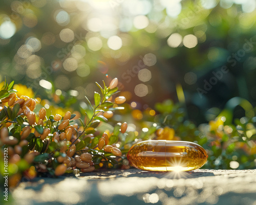 Nutritional supplement, vitamin capsule, boost immunity, in a serene garden, sunny day, realistic, sunlight, depth of field bokeh effect