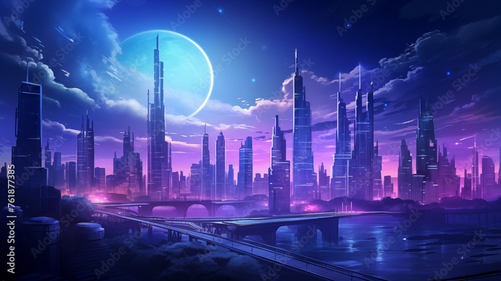 Crescent Moon Over Sci-Fi Cityscape
