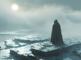 The Survivor, weathered cloak, lone wanderer, floating ice platforms, misty atmosphere, 3D render, silhouette lighting, lens flare effect
