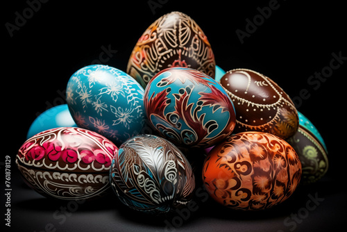Eggs painted for Easter On a black background.