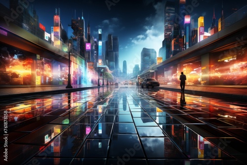 a man is walking down a wet city street at night