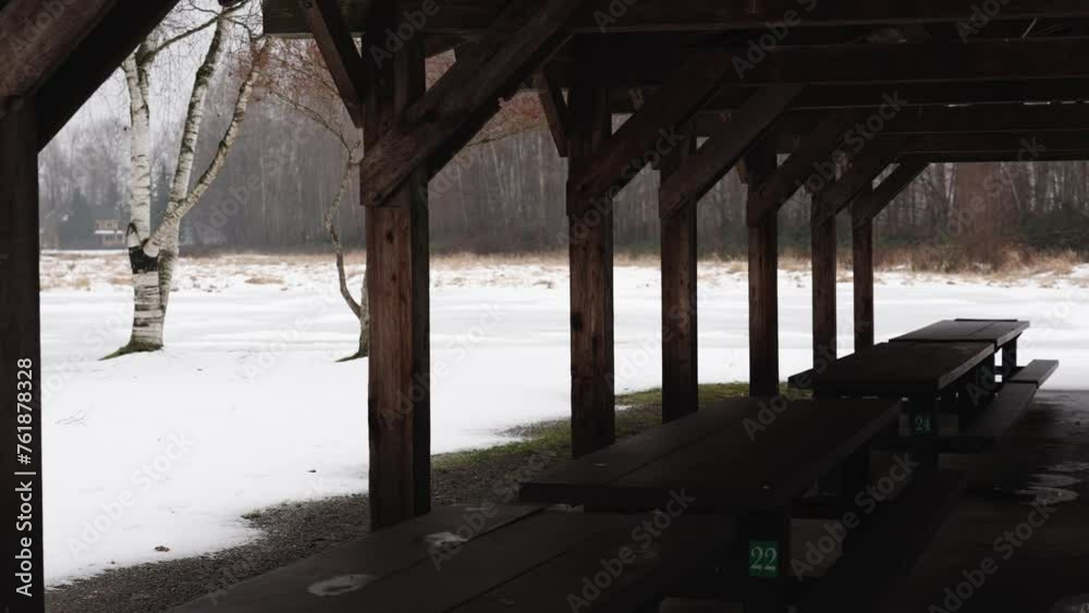 Deserted Winter Picnic Area with Snowy Background Deserted Winter Picnic Area with Snowy Background