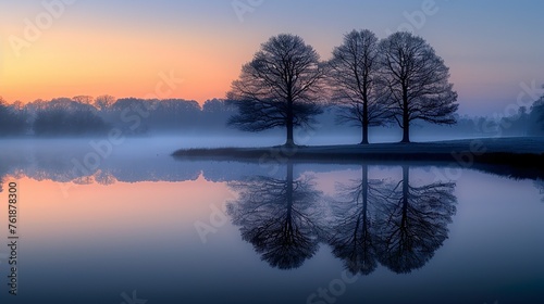 Landscape of beautiful trees in winter reflecting in lake with fog.
