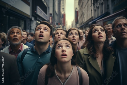 Crowd of people looking up shocked photo