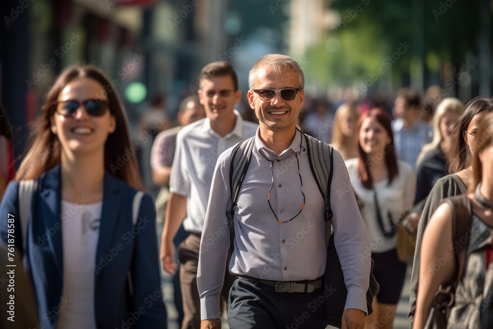 Crowd of people walking city street smiling happy Crowd of people walking city street smiling happy