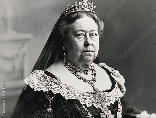 Queen Victoria in royal attire, sitting on a throne, ruling the British Empire with authority. photo