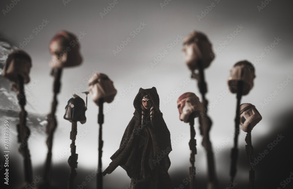 Naklejka premium NEW YORK USA, MAR 18 2024: scene from Star Wars the Clone Wars Season 7 finally Jedi Ahsoka Tano buries clone troopers - Hasbro figures