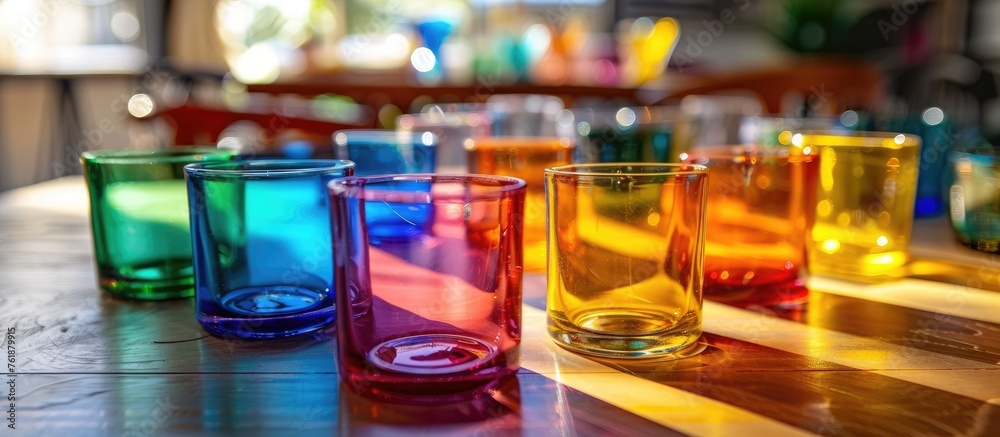 Variety of colored glasses on a table.