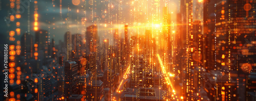 Smart Contract Automates Real Estate Transactions, showing a modern cityscape with smart contracts depicted as digital code raining down on buildings, in a 3D render with golden hour lighting  photo
