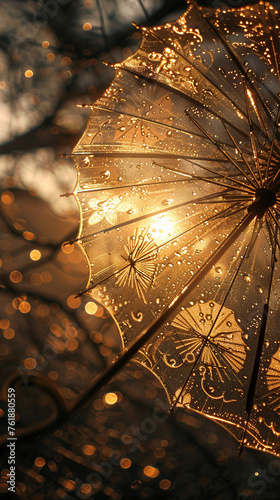 Umbrella, intricate designs, portal to forgotten worlds, offering protection and mysteries of the past, realistic, golden hour, depth of field bokeh effect