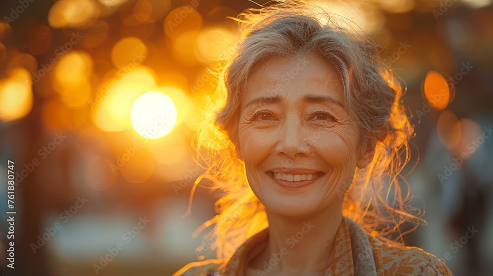 Fototapeta premium In the tranquil hues of sunset, middle-aged smiles symbolize a commitment to mental wellness. This portrait embodies the essence of self-care, mindfulness, and embracing mental stability. 