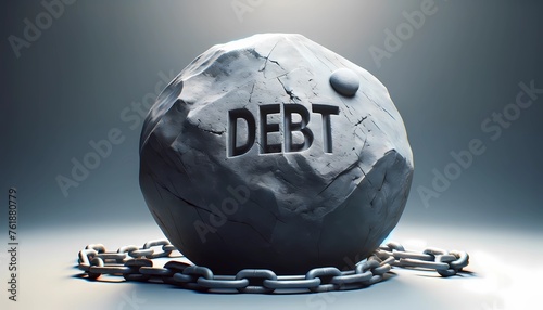 Monumental stone ball with 'DEBT' inscription and chains, symbolizing the heavy burden of debt and the challenge of financial freedom, Concept of crushing debt, financial bondage photo