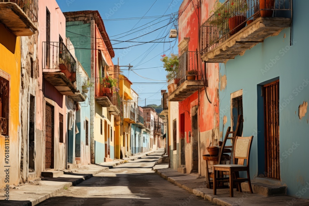 Narrow city street with colorful buildings, chairs, and vibrant facade
