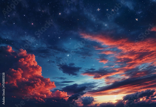 a red and blue cloudy sky background with stars